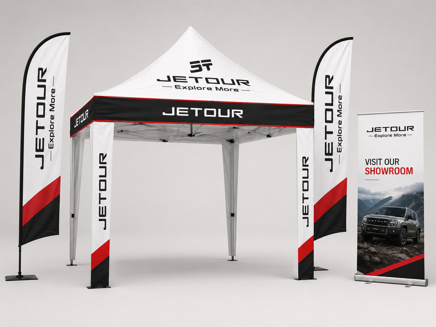Branded gazebo, feather flag and pull-up banner — Jetour activation setup