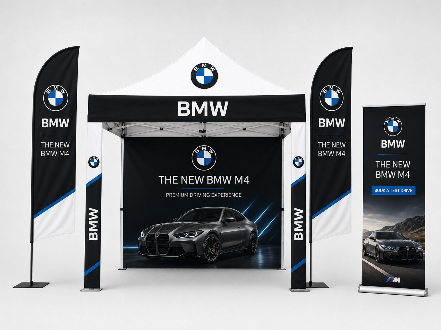 Branded gazebo, feather flags and pull-up banner — BMW activation setup