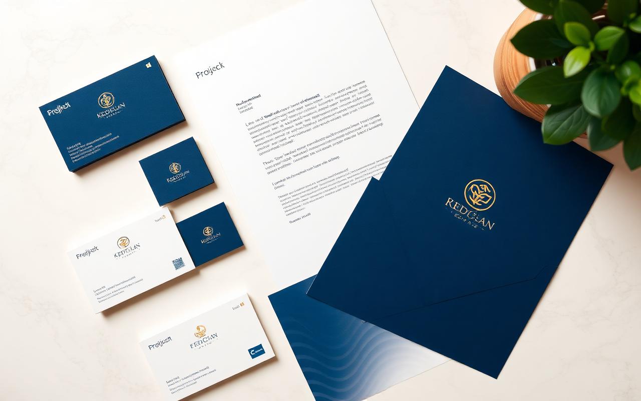 Brand identity stationery — business cards, letterhead, folder
